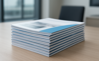A neatly stacked pile of printed materials with blue covers on a wooden table