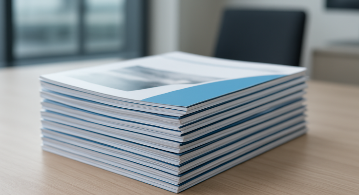A neatly stacked pile of printed materials with blue covers on a wooden table