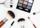 Top view of makeup tools and a colorful eyeshadow palette arranged artistically. — Womens Cotton Nightgowns in Beautiful Shad